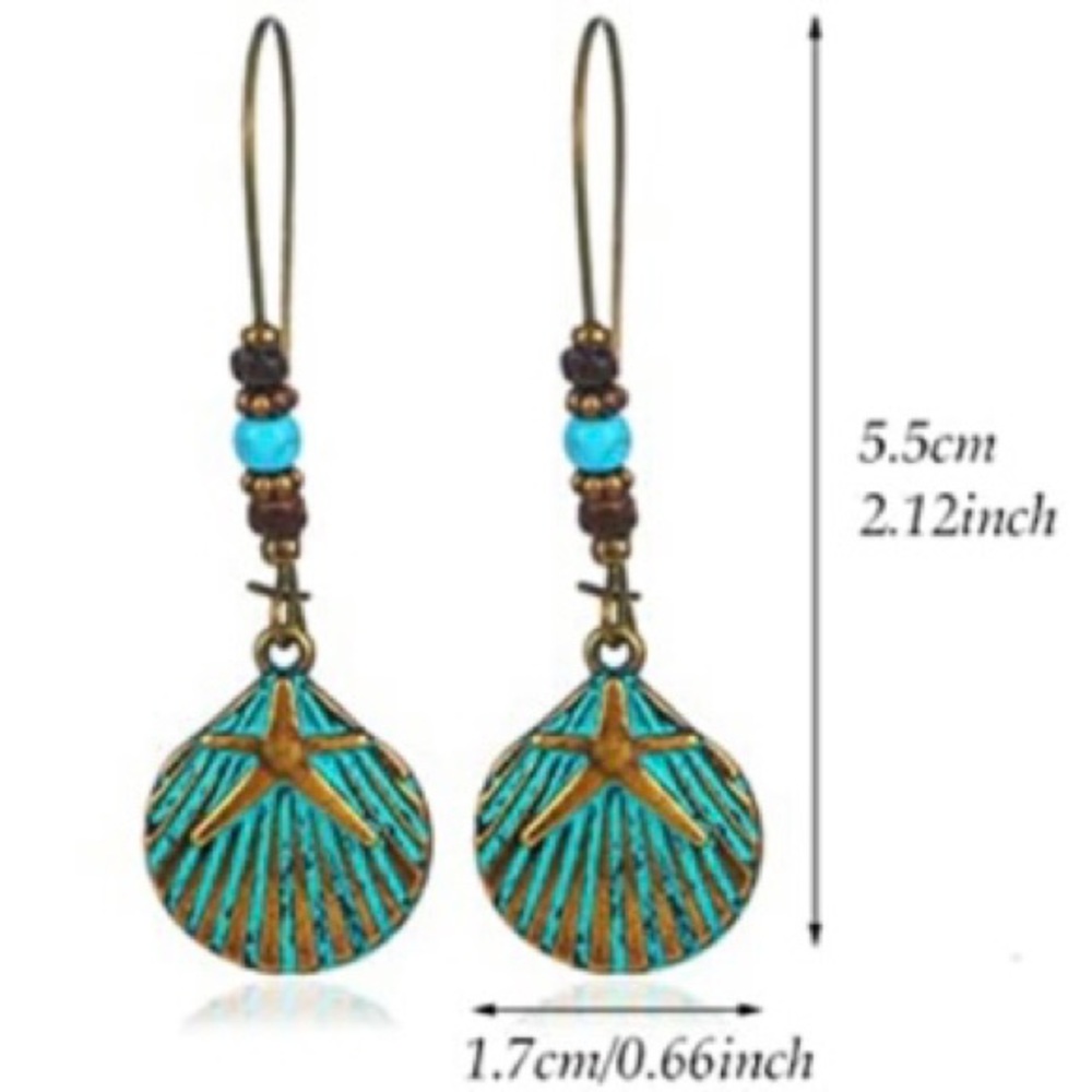 Seashell Earrings Turquoise Bronze Seashell Starfish Dangling Beaded Earrings - Picture 4 of 10